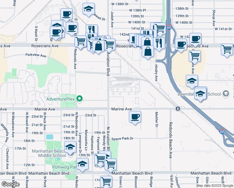 map of restaurants, bars, coffee shops, grocery stores, and more near 5507 West 149th Place in Hawthorne