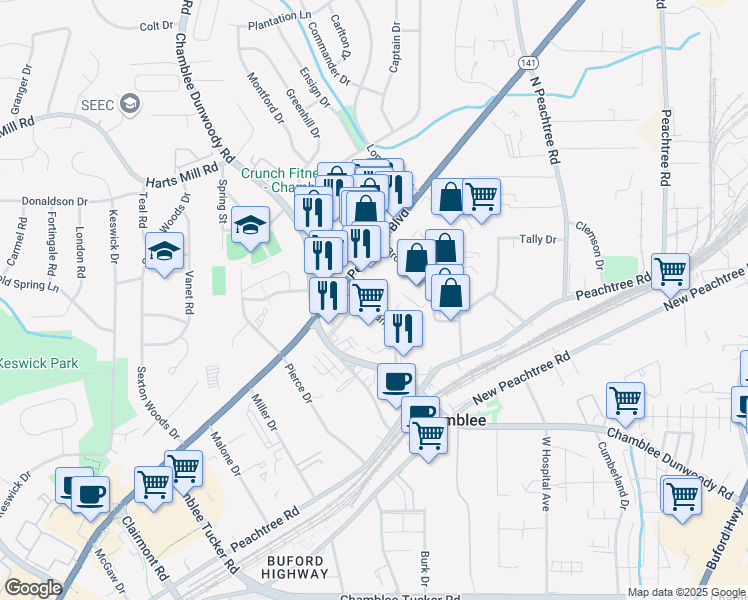 map of restaurants, bars, coffee shops, grocery stores, and more near 3588 Broad St in Chamblee
