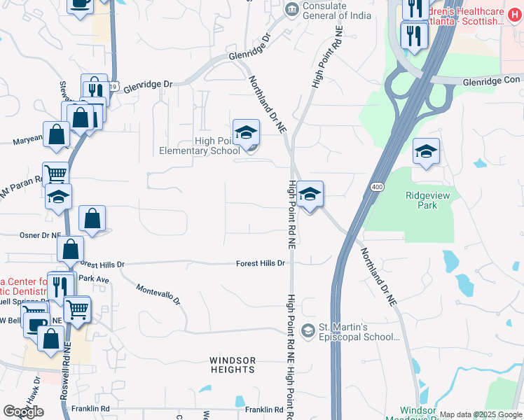 map of restaurants, bars, coffee shops, grocery stores, and more near 550 Timber Valley Road Northeast in Atlanta