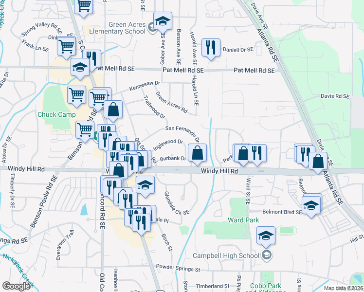 map of restaurants, bars, coffee shops, grocery stores, and more near 688 Inglewood Drive in Smyrna