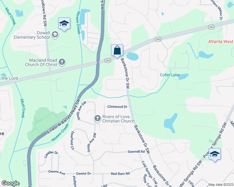 map of restaurants, bars, coffee shops, grocery stores, and more near 2441 Hillboro Circle South West in Marietta