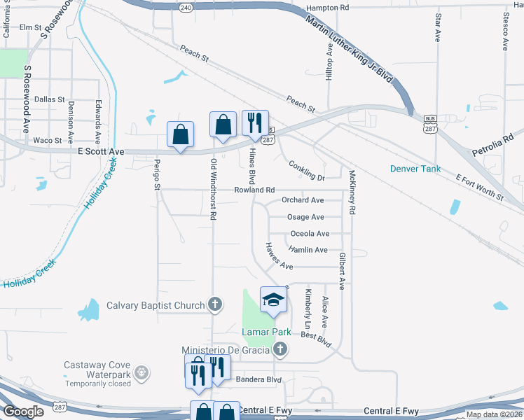 map of restaurants, bars, coffee shops, grocery stores, and more near 1604 Orchard Avenue in Wichita Falls