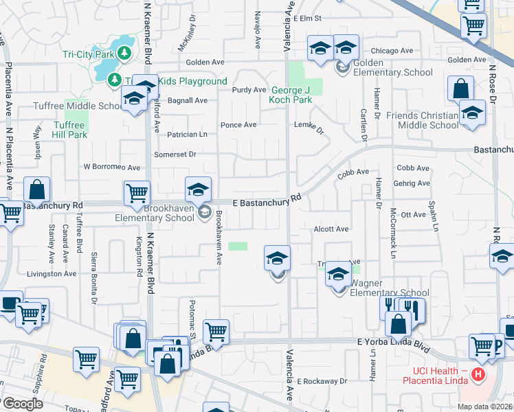 map of restaurants, bars, coffee shops, grocery stores, and more near 1836 Macinnes Place in Placentia