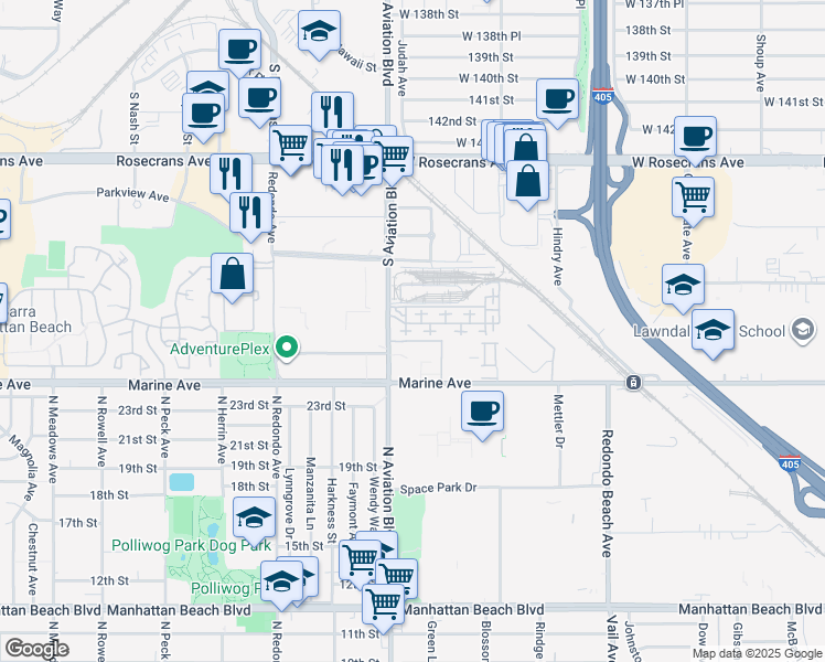 map of restaurants, bars, coffee shops, grocery stores, and more near 5512 West 149th Place in Hawthorne