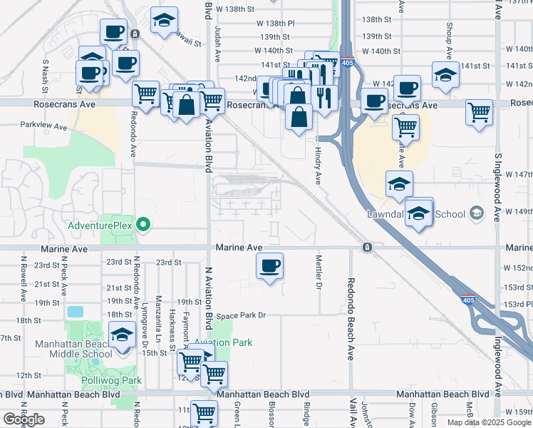 map of restaurants, bars, coffee shops, grocery stores, and more near 5408 West 149th Place in Hawthorne