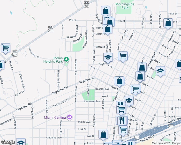 map of restaurants, bars, coffee shops, grocery stores, and more near 2001 Santa Fe Street in Wichita Falls