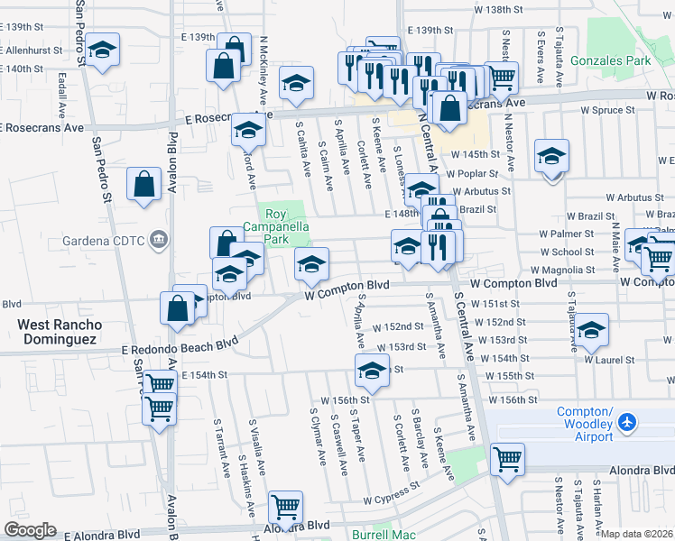 map of restaurants, bars, coffee shops, grocery stores, and more near 1026 E 150th St in Compton