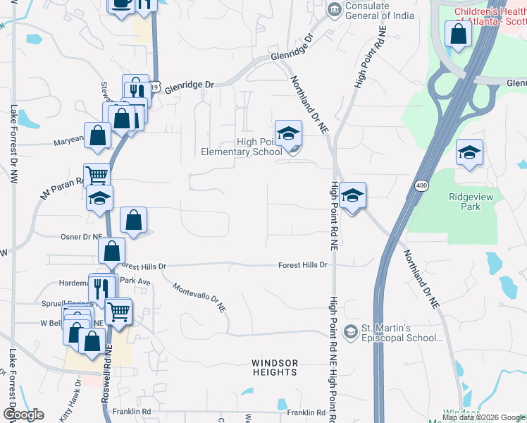 map of restaurants, bars, coffee shops, grocery stores, and more near 5200 Timber Trail South Northeast in Atlanta