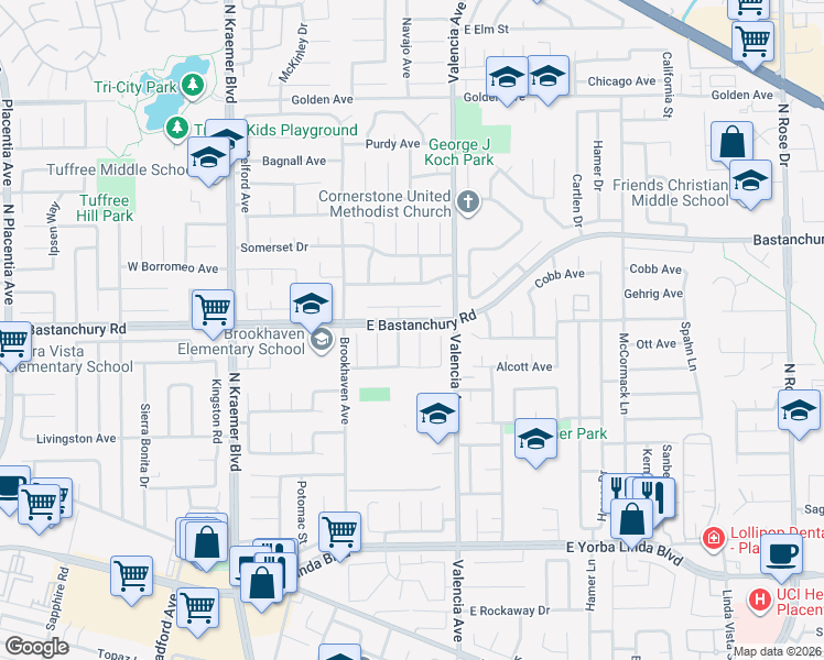 map of restaurants, bars, coffee shops, grocery stores, and more near 1837 Kelleher Place in Placentia