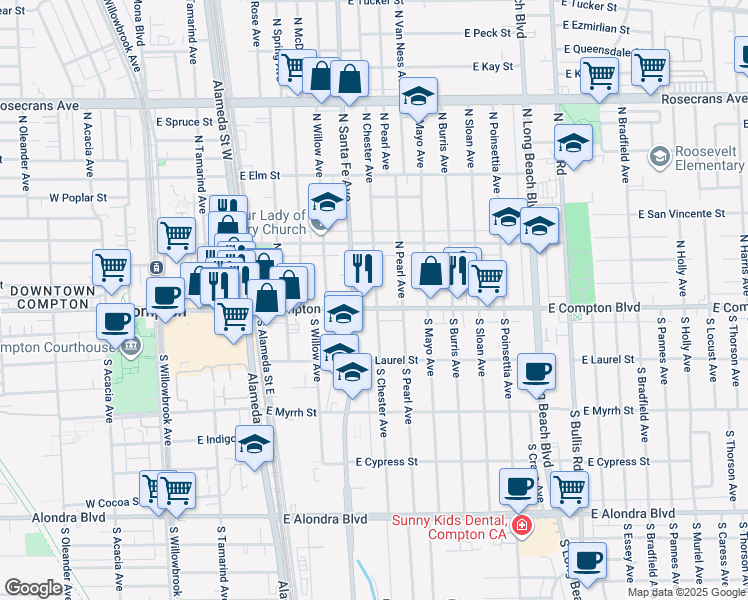map of restaurants, bars, coffee shops, grocery stores, and more near 123 North Chester Avenue in Compton