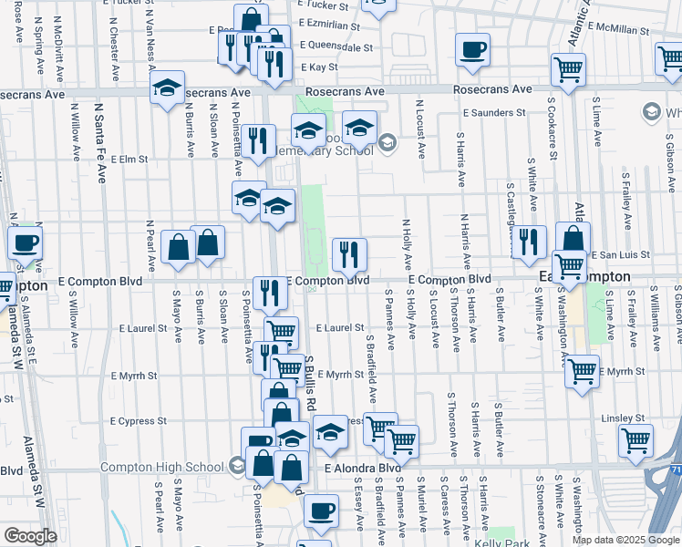 map of restaurants, bars, coffee shops, grocery stores, and more near 1631 East Compton Boulevard in Compton