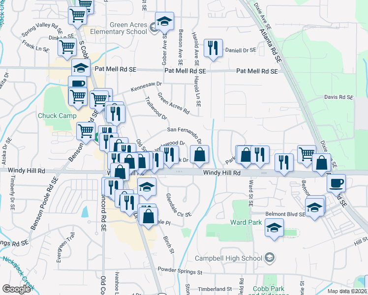 map of restaurants, bars, coffee shops, grocery stores, and more near 688 Inglewood Drive in Smyrna