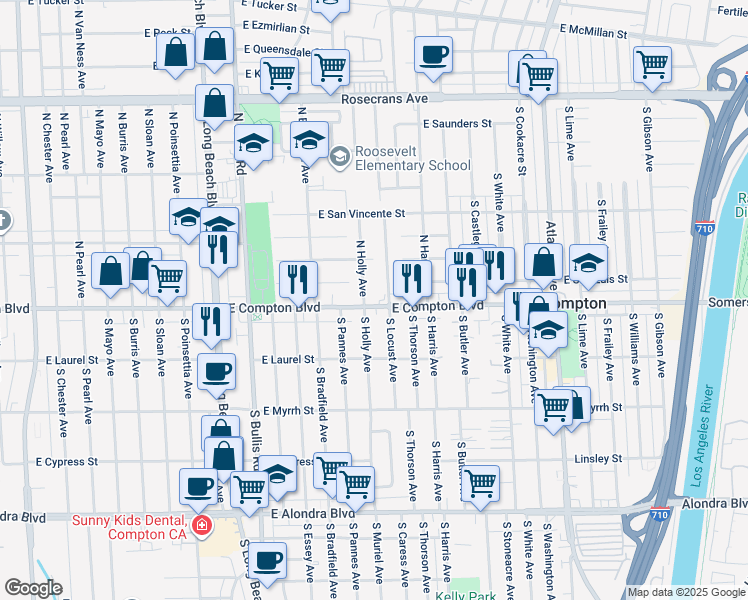 map of restaurants, bars, coffee shops, grocery stores, and more near 122 North Holly Avenue in Compton