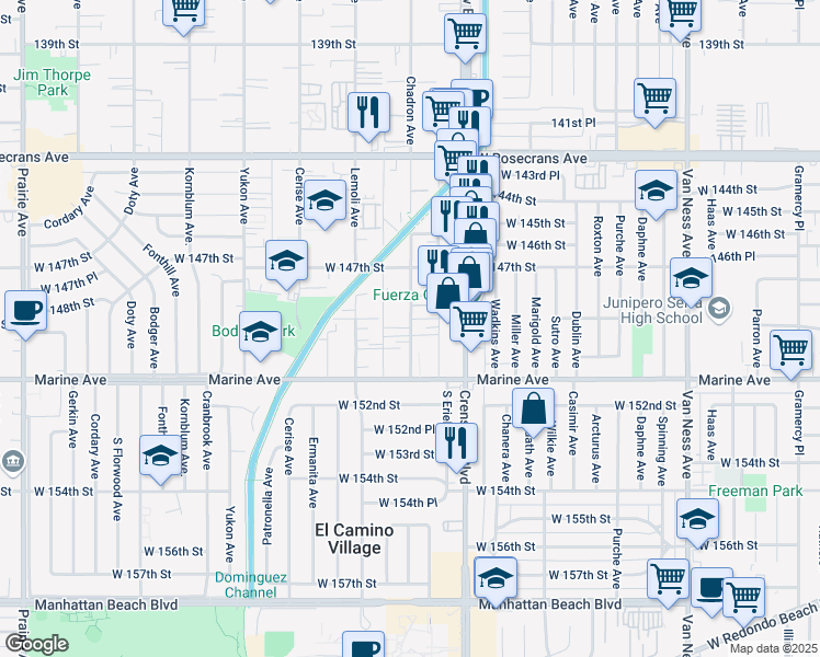 map of restaurants, bars, coffee shops, grocery stores, and more near 14907 Chadron Avenue in Gardena