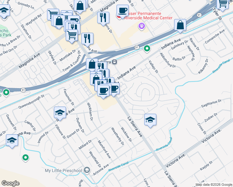map of restaurants, bars, coffee shops, grocery stores, and more near 10997 Cedarhurst Way in Riverside
