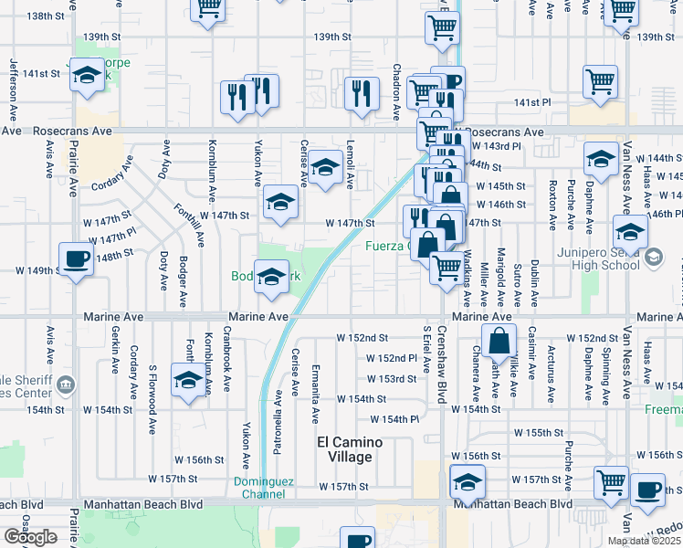 map of restaurants, bars, coffee shops, grocery stores, and more near 14905 Lemoli Avenue in Gardena