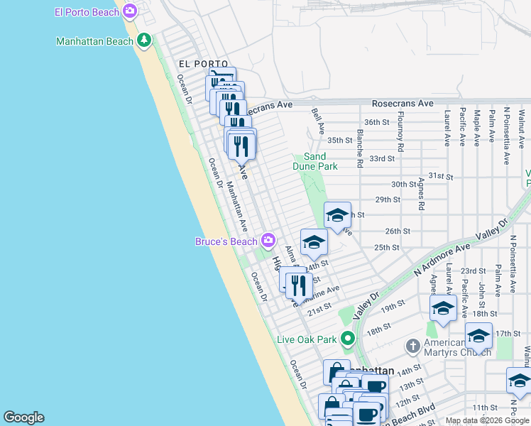 map of restaurants, bars, coffee shops, grocery stores, and more near 2907 Crest Drive in Manhattan Beach