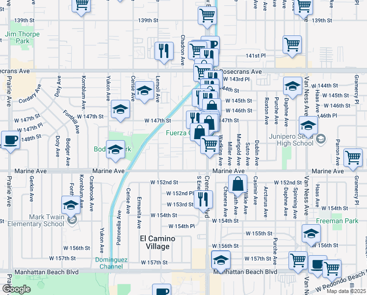 map of restaurants, bars, coffee shops, grocery stores, and more near 14902 Chadron Avenue in Gardena