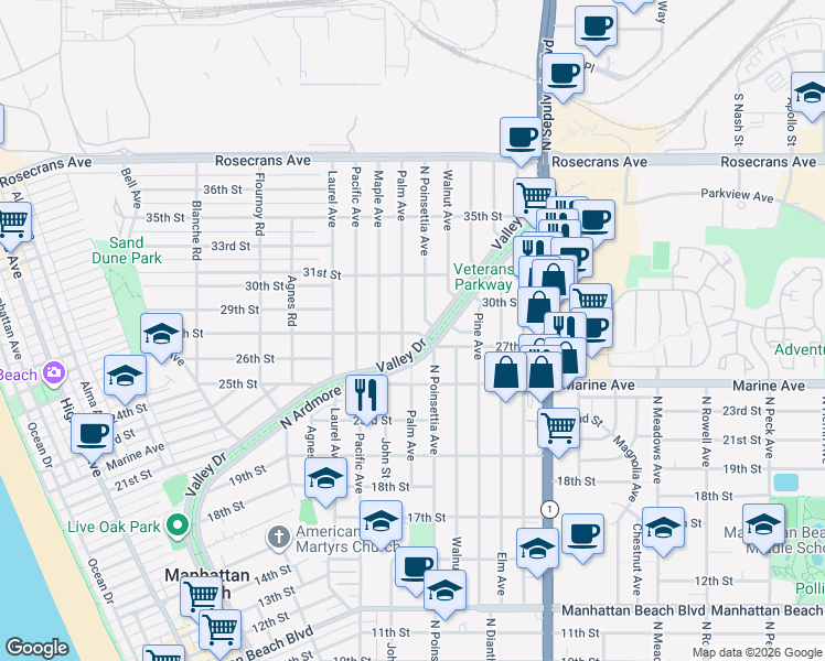 map of restaurants, bars, coffee shops, grocery stores, and more near in Manhattan Beach