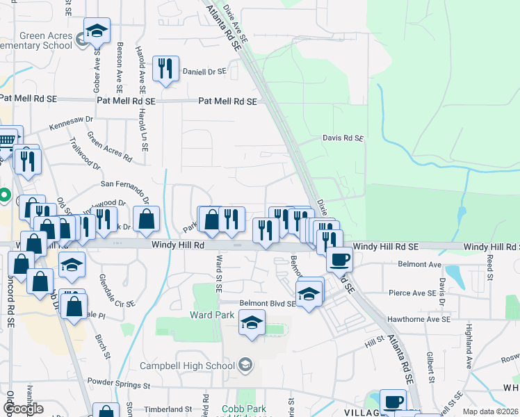 map of restaurants, bars, coffee shops, grocery stores, and more near 971 Turner Drive Southeast in Smyrna