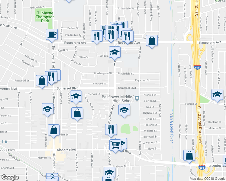 map of restaurants, bars, coffee shops, grocery stores, and more near 15115 Woodruff Avenue in Bellflower
