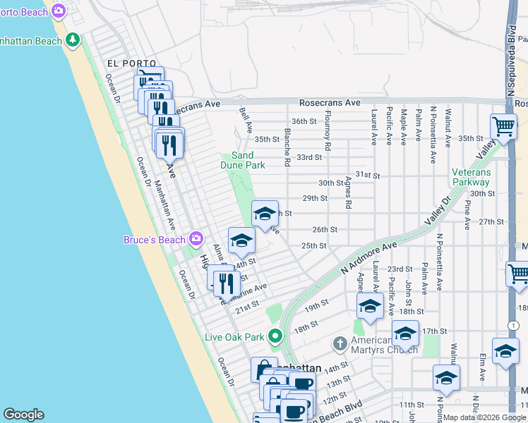 map of restaurants, bars, coffee shops, grocery stores, and more near 567 29th Street in Manhattan Beach