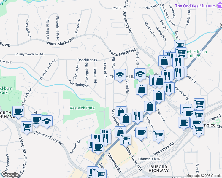 map of restaurants, bars, coffee shops, grocery stores, and more near 3600 Sexton Woods Drive in Chamblee