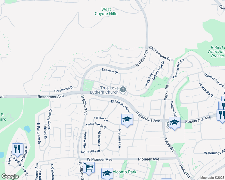 map of restaurants, bars, coffee shops, grocery stores, and more near 2107 Winterwood Drive in Fullerton