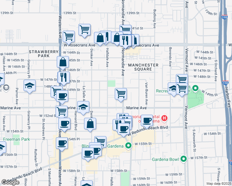 map of restaurants, bars, coffee shops, grocery stores, and more near 14903 Normandie Avenue in Gardena
