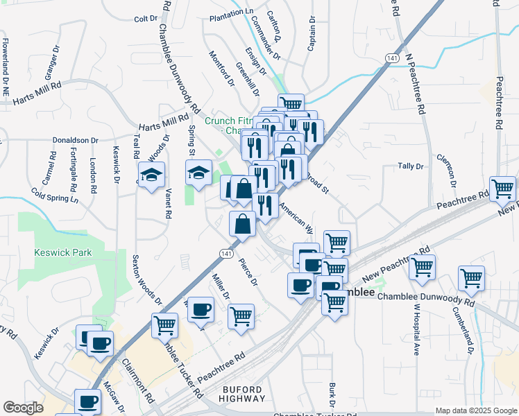 map of restaurants, bars, coffee shops, grocery stores, and more near 3633 Chamblee Dunwoody Road in Chamblee