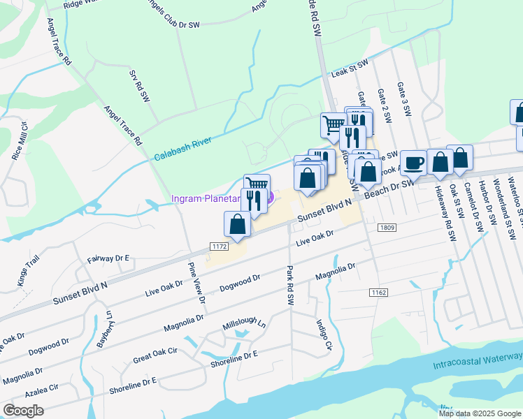 map of restaurants, bars, coffee shops, grocery stores, and more near 7635 High Market Street in Sunset Beach