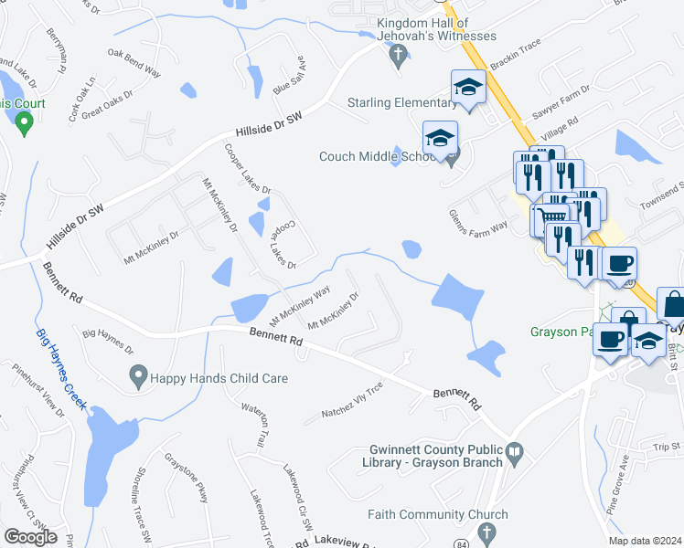 map of restaurants, bars, coffee shops, grocery stores, and more near 1650 Mount McKinley Drive in Grayson