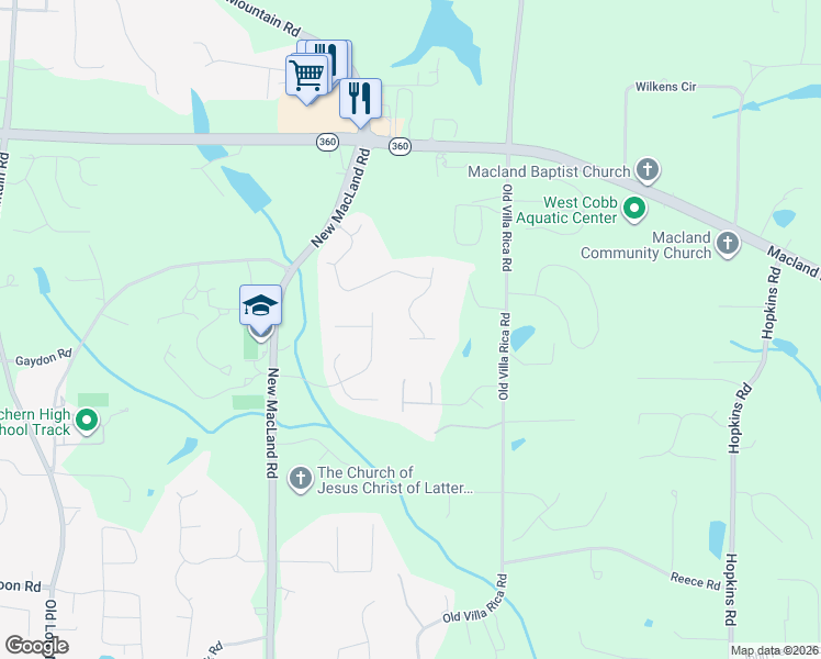 map of restaurants, bars, coffee shops, grocery stores, and more near 2325 Estapa Drive in Powder Springs