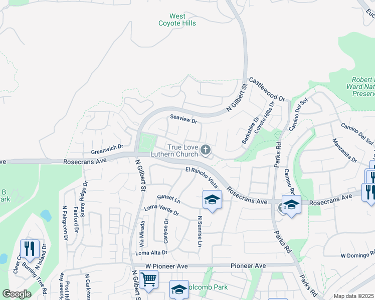 map of restaurants, bars, coffee shops, grocery stores, and more near 2107 Winterwood Drive in Fullerton