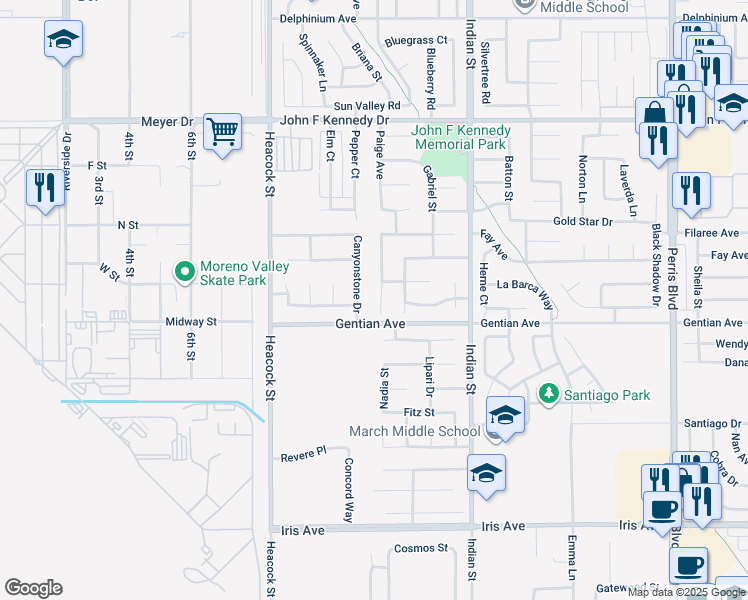 map of restaurants, bars, coffee shops, grocery stores, and more near 15449 Theresa Avenue in Moreno Valley