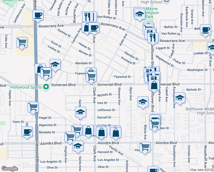 map of restaurants, bars, coffee shops, grocery stores, and more near 9452 Somerset Boulevard in Bellflower