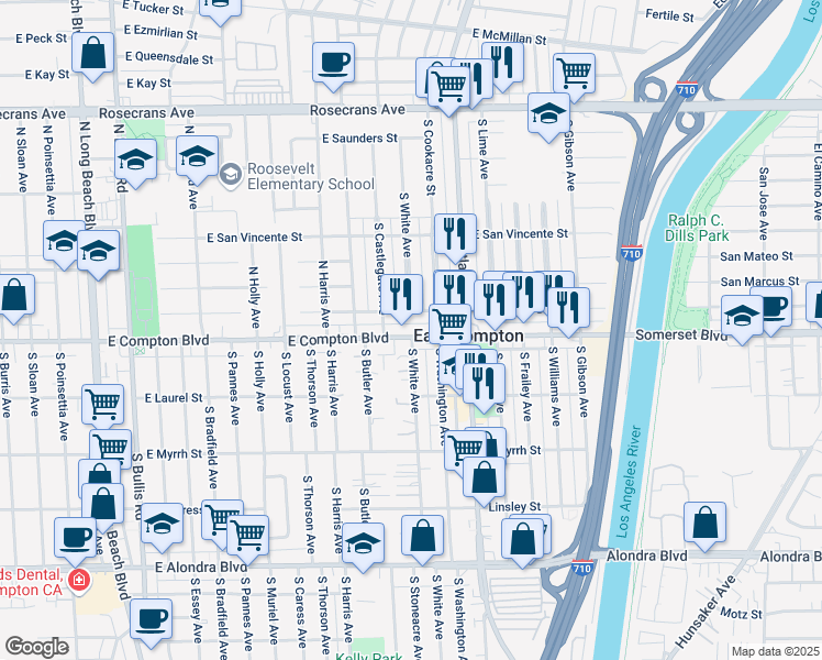 map of restaurants, bars, coffee shops, grocery stores, and more near 4263 East Compton Boulevard in Compton
