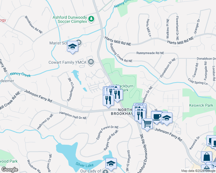 map of restaurants, bars, coffee shops, grocery stores, and more near 3621 Ashford Creek Drive Northeast in Atlanta
