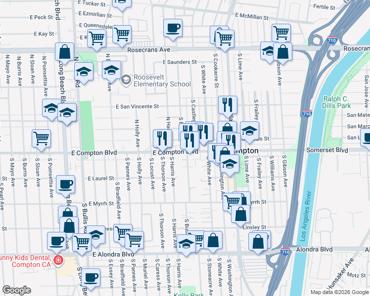 map of restaurants, bars, coffee shops, grocery stores, and more near 4205 East Compton Boulevard in Compton