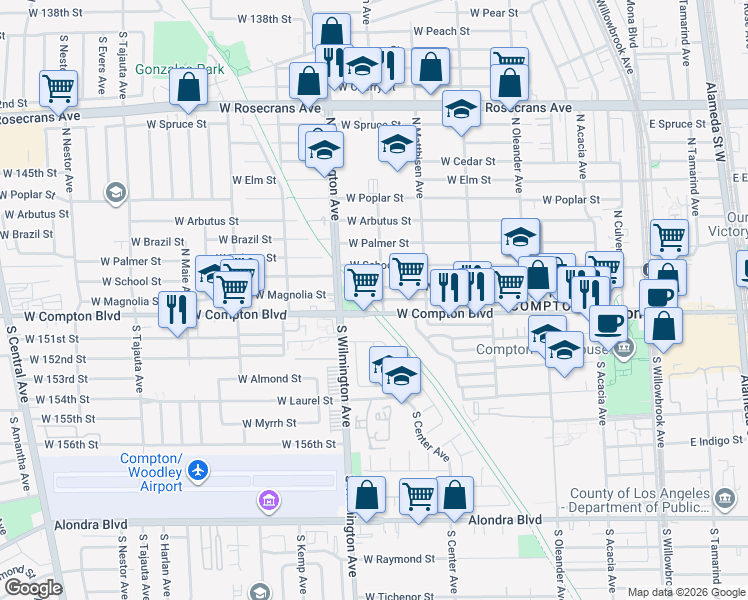 map of restaurants, bars, coffee shops, grocery stores, and more near 130 North Magnolia Court in Compton