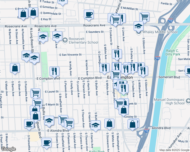 map of restaurants, bars, coffee shops, grocery stores, and more near 4420 East Rose Street in Compton