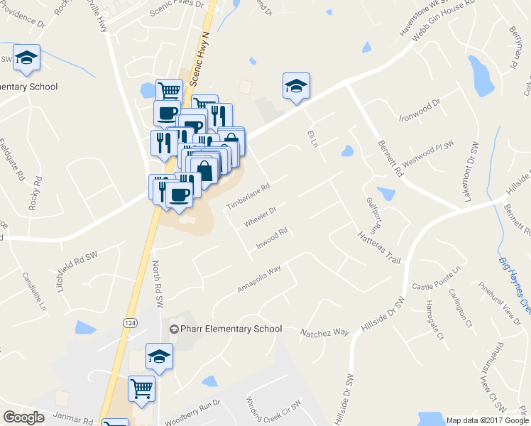 map of restaurants, bars, coffee shops, grocery stores, and more near 1448 Wheeler Drive in Lawrenceville