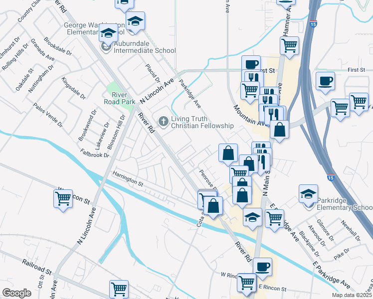 map of restaurants, bars, coffee shops, grocery stores, and more near 690 Parkridge Avenue in Norco