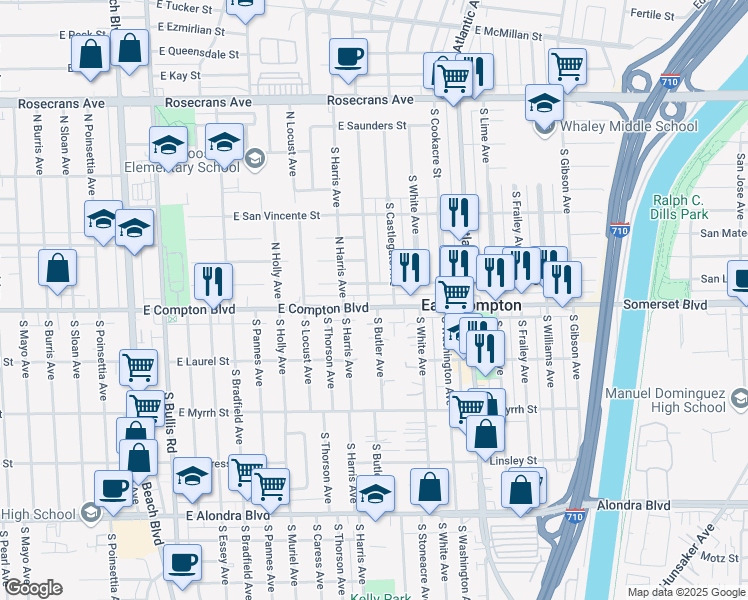 map of restaurants, bars, coffee shops, grocery stores, and more near 4205 East Compton Boulevard in Compton