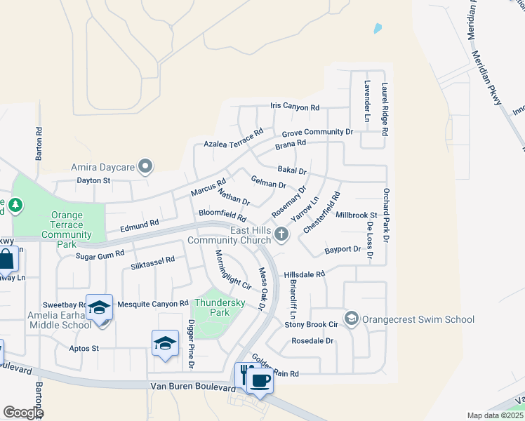 map of restaurants, bars, coffee shops, grocery stores, and more near 8486 Manuel Road in Riverside