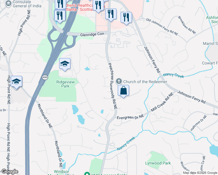 map of restaurants, bars, coffee shops, grocery stores, and more near 535 Telford Place Northeast in Sandy Springs