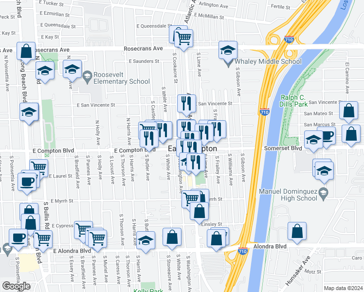 map of restaurants, bars, coffee shops, grocery stores, and more near 4405 East Compton Boulevard in Compton