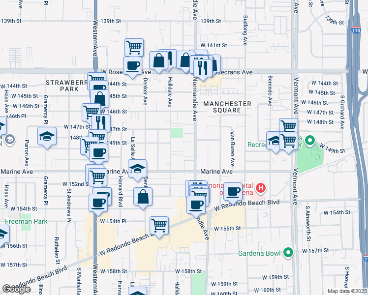 map of restaurants, bars, coffee shops, grocery stores, and more near 14903 Normandie Avenue in Gardena