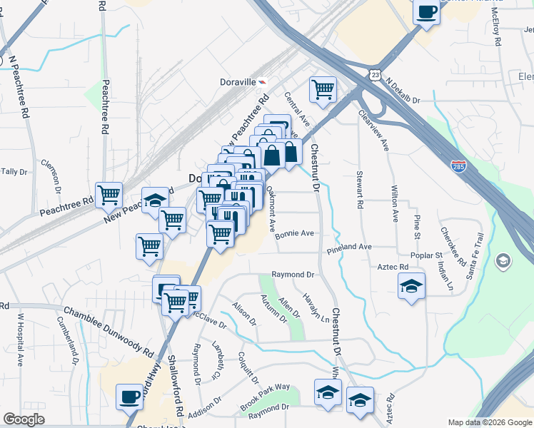 map of restaurants, bars, coffee shops, grocery stores, and more near 3596 Oakmont Ave in Doraville