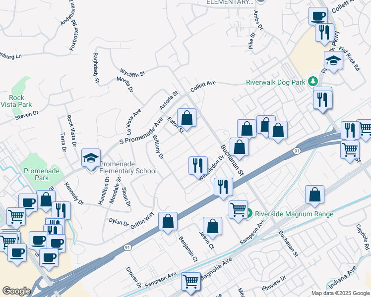 map of restaurants, bars, coffee shops, grocery stores, and more near 2981 Hampshire Circle in Corona
